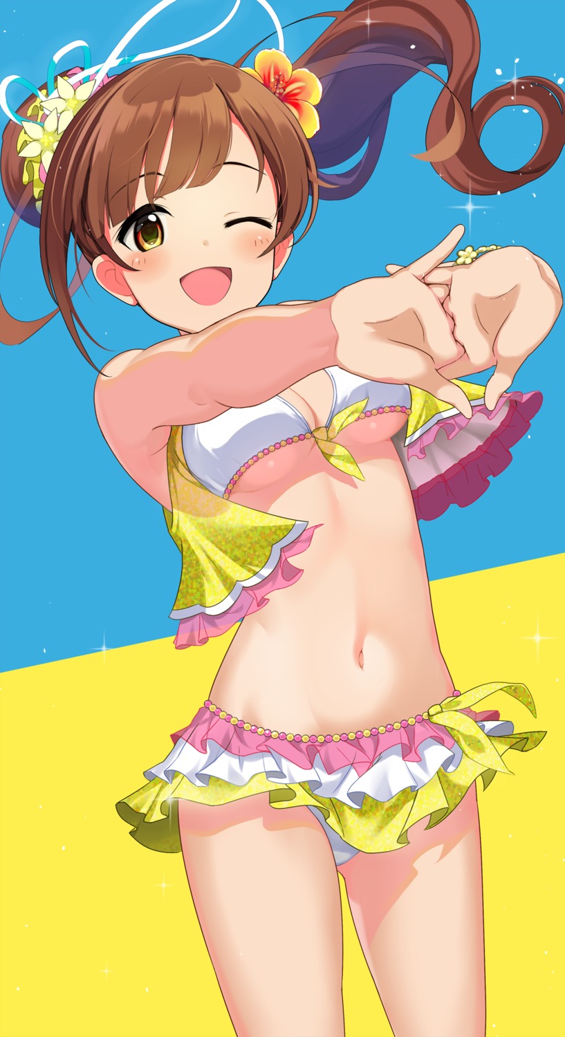 bikini igarashi_kyouko natsuya open_shirt skirt_lift swimsuits the_idolm@ster the_idolm@ster_cinderella_girls underboob