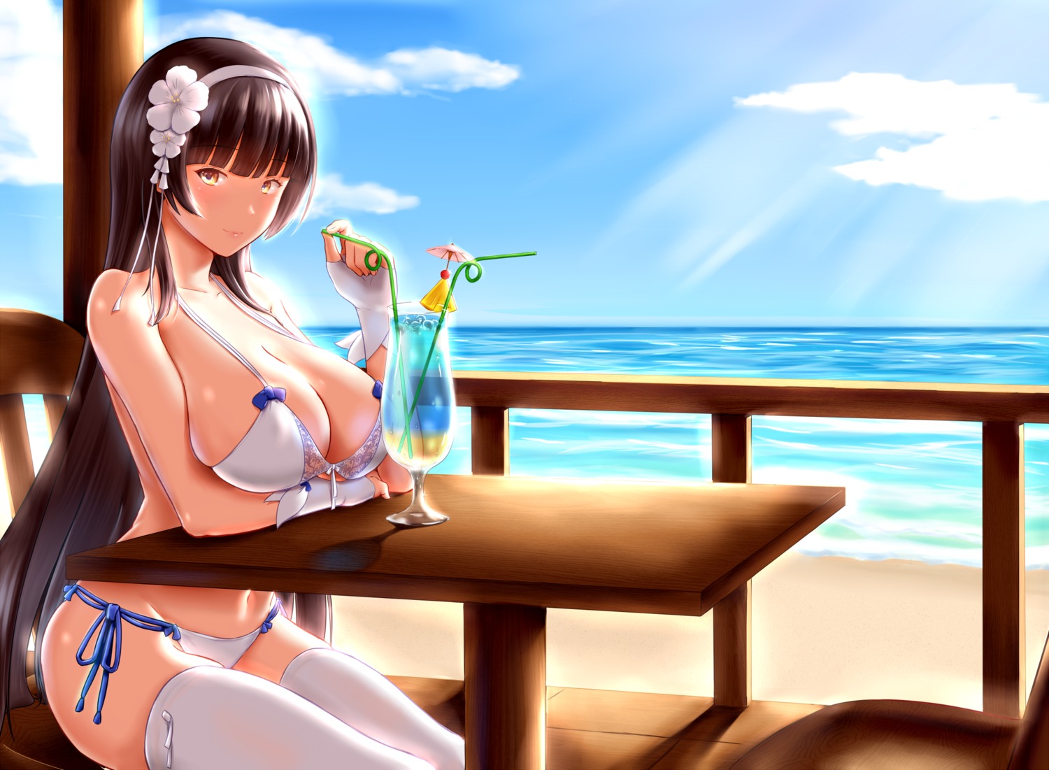 bikini breast_hold cleavage girls_frontline landscape mingke qbz-95_(girls_frontline) swimsuits thighhighs