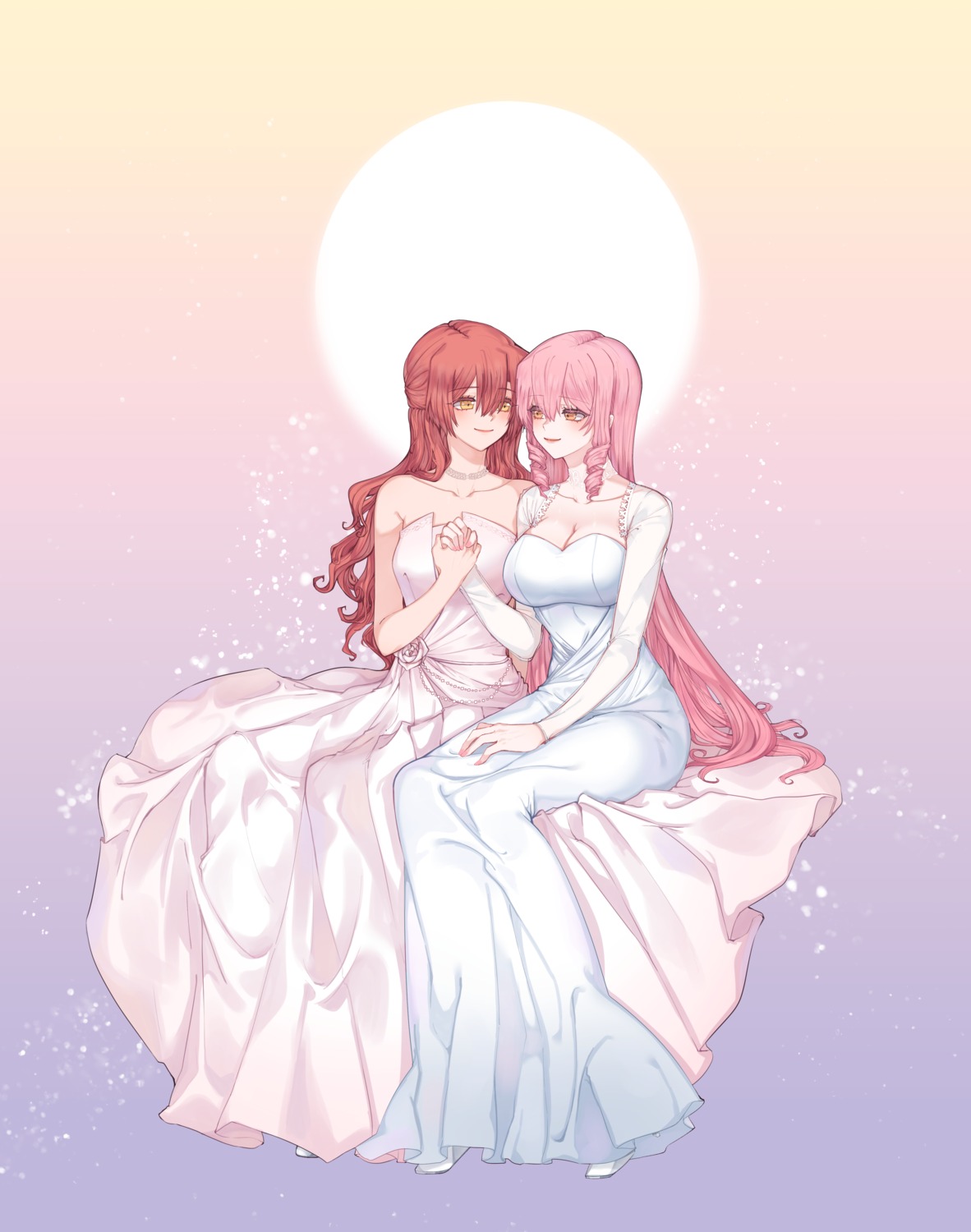 akuma_no_riddle cleavage dress inukai_isuke no_bra sagae_haruki see_through suki_(artist) wedding_dress yuri