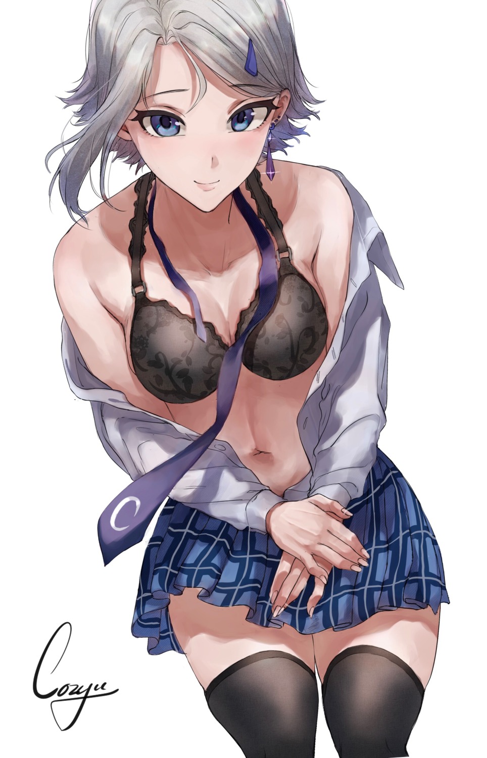 bra cleavage cozyu open_shirt seifuku thighhighs