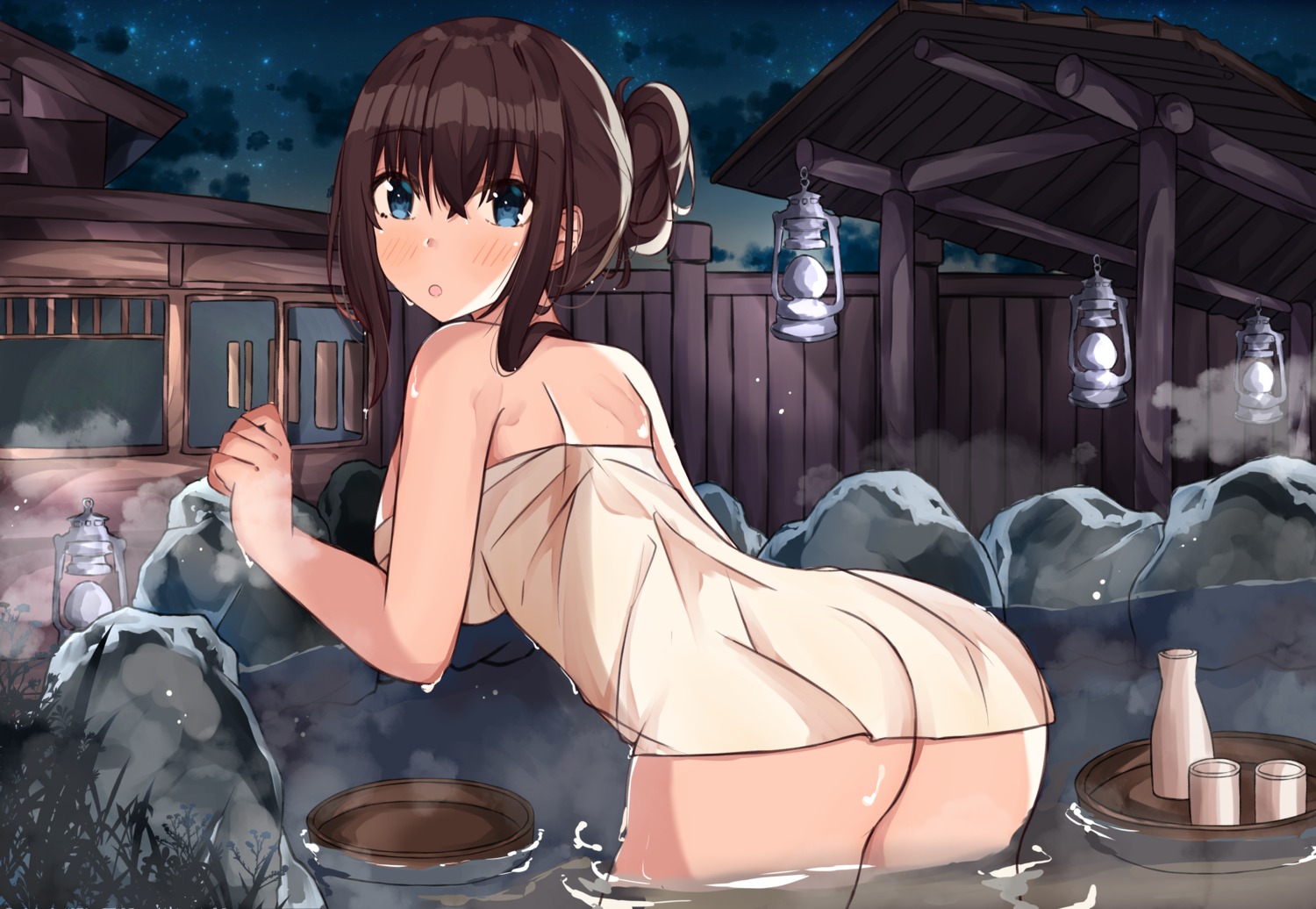 bathing norazura onsen sagisawa_fumika sake the_idolm@ster the_idolm@ster_cinderella_girls towel wet