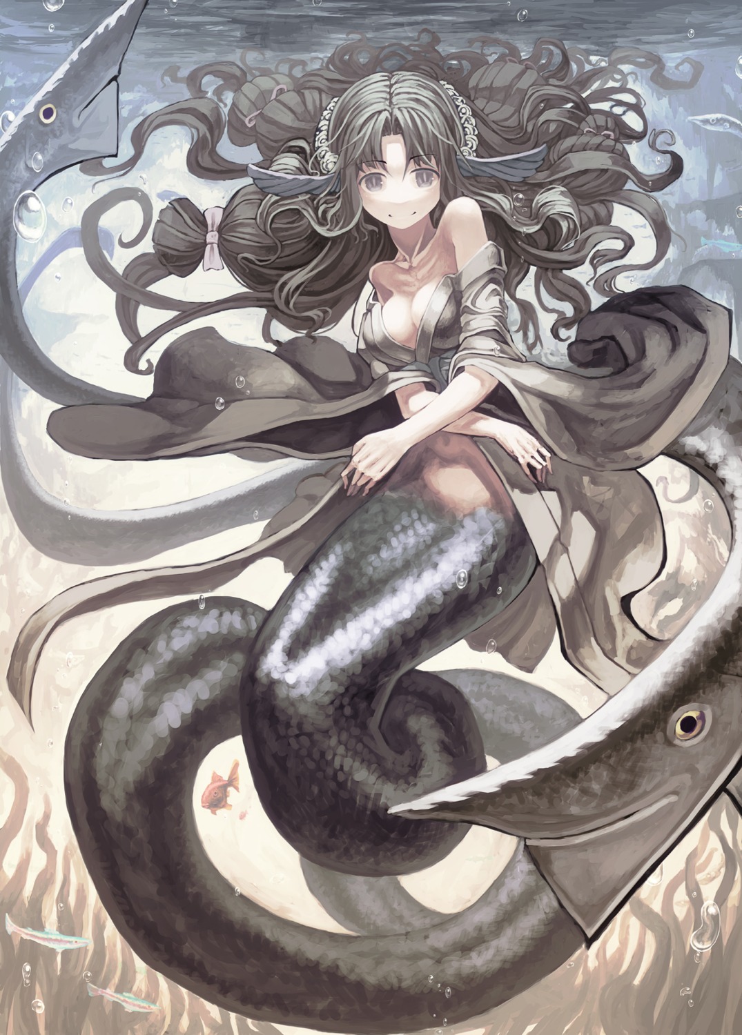 mermaid monster_girl no_bra open_shirt yonuishi yukata