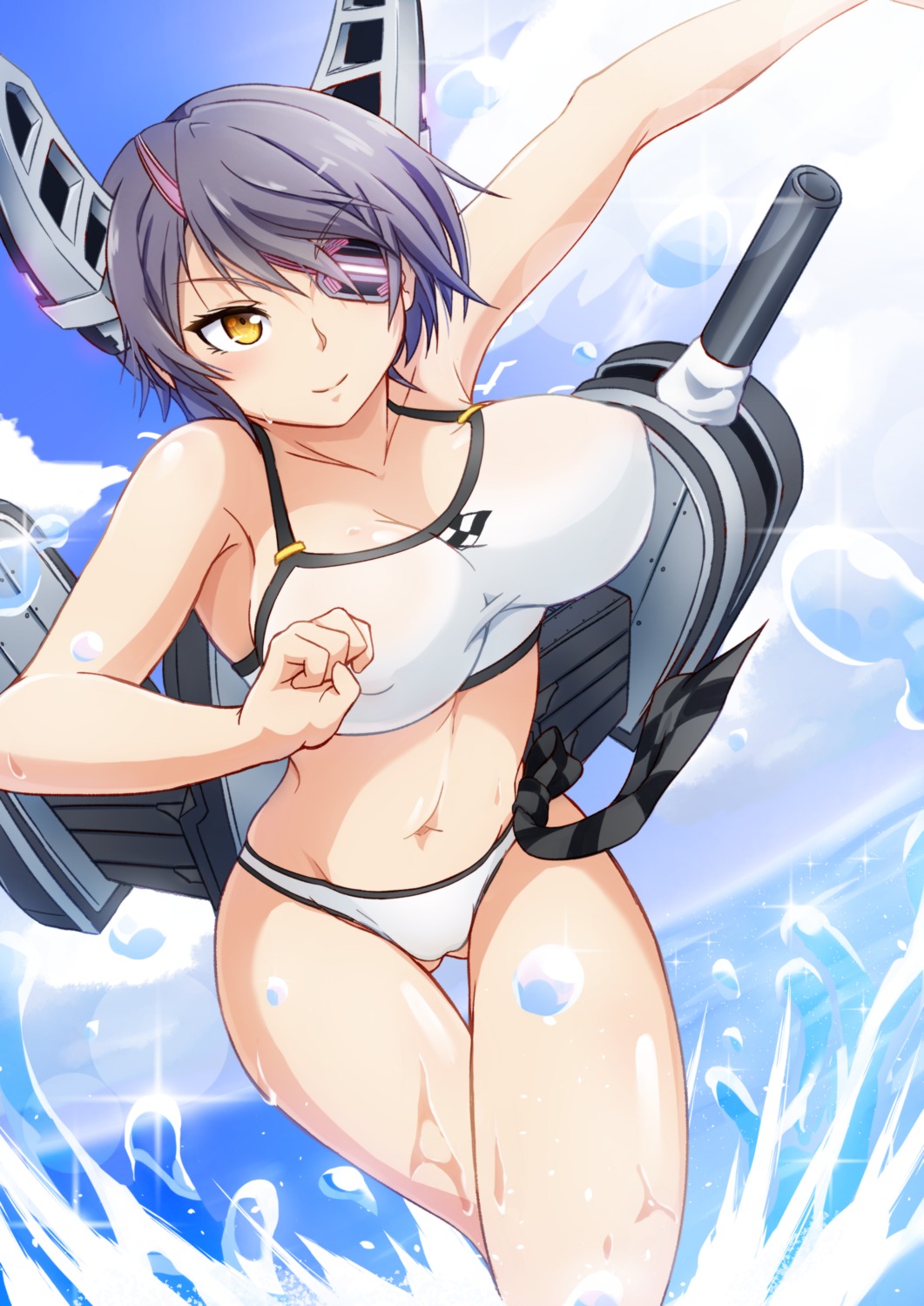 bikini cleavage erect_nipples eyepatch kantai_collection swimsuits tenryuu_(kancolle) wet