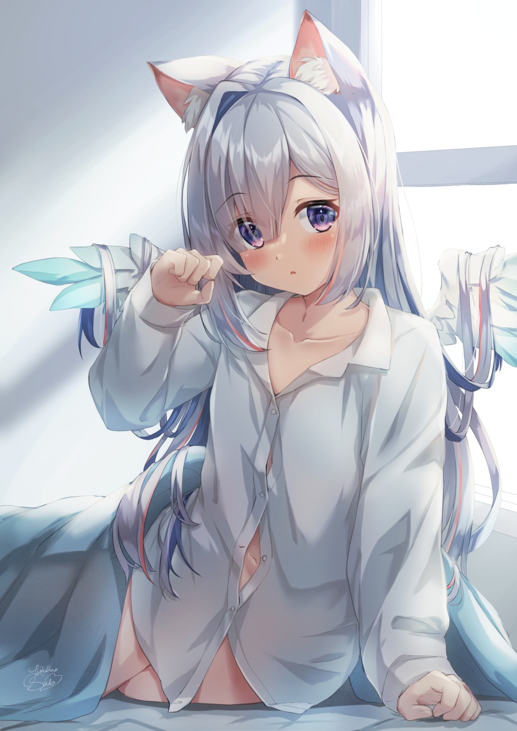 amane_kanata animal_ears dress_shirt hololive nekomimi open_shirt see_through sheets wings yukikawa_sara