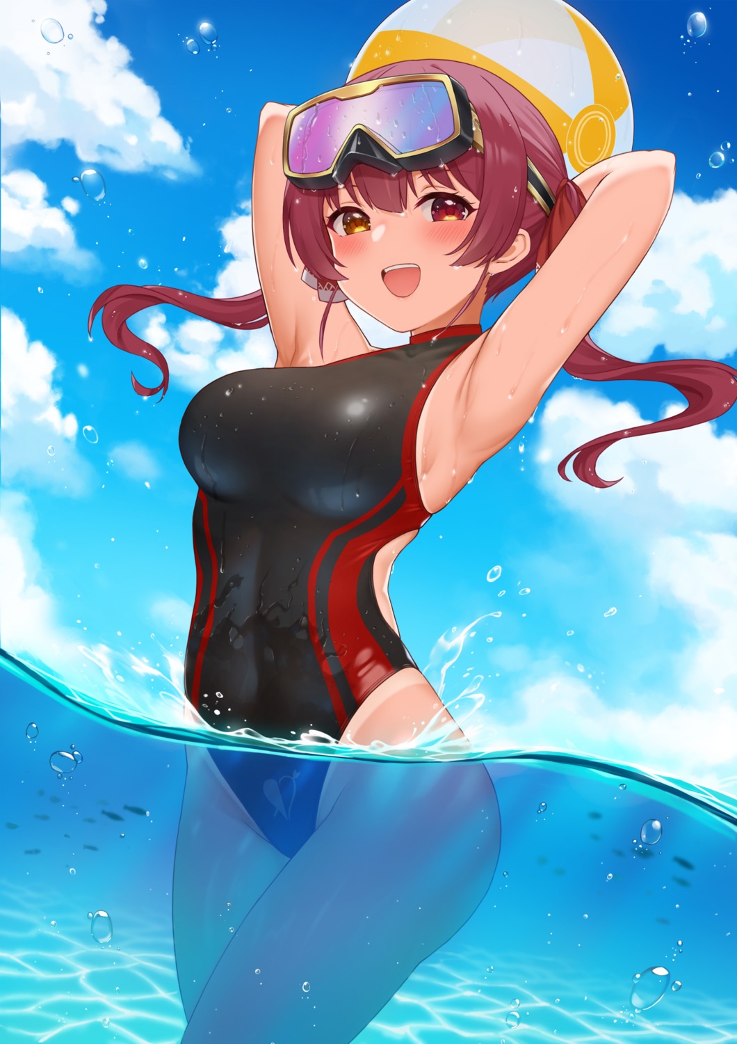 fukuro_ko_(greentea) heterochromia hololive houshou_marine swimsuits tan_lines wet