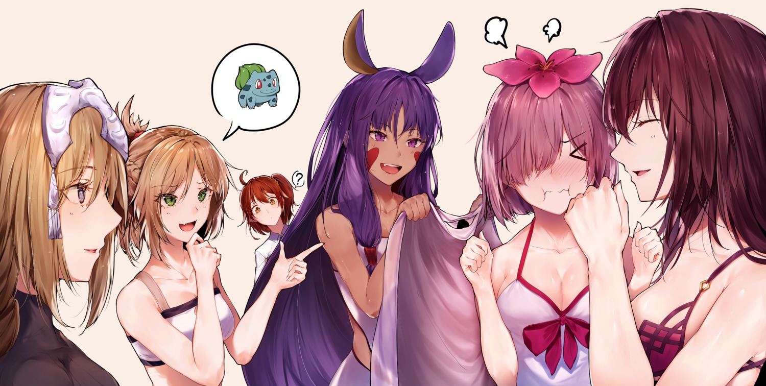 animal_ears bikini_top bunny_ears cleavage fate/grand_order fujimaru_ritsuka_(female) hplay jeanne_d'arc jeanne_d'arc_(fate) mash_kyrielight mordred_(fate) nitocris_(fate) scathach_(fate/grand_order) swimsuits