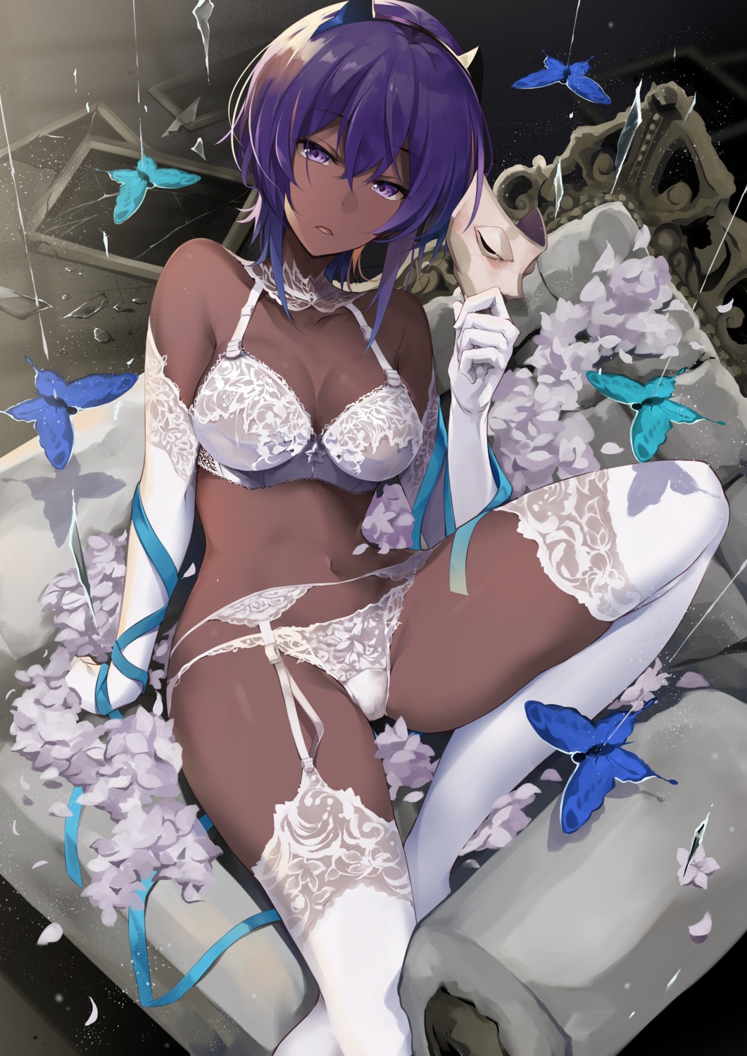 bra cameltoe cleavage fate/grand_order garter_belt hassan_of_serenity_(fate) hirai_yuzuki horns lingerie pantsu stockings thighhighs