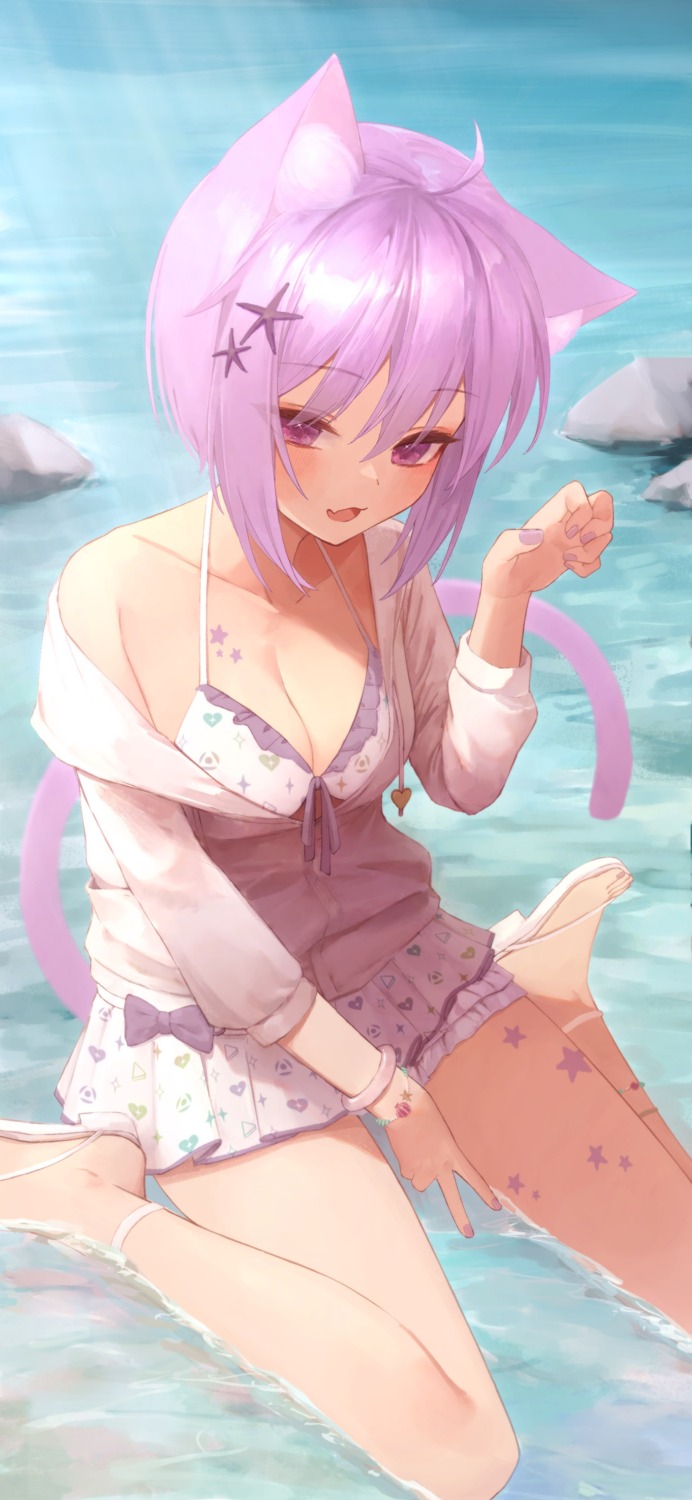 animal_ears bikini garter hololive hololive_gamers nanome_to nekomata_okayu nekomimi open_shirt swimsuits tail tattoo wet