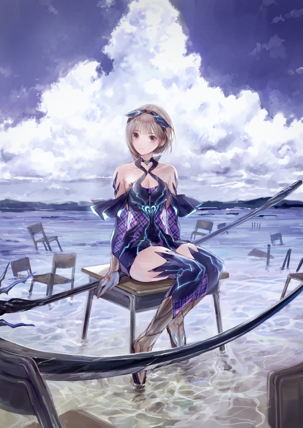 blue_reflection blue_reflection_tie cleavage hoshizaki_ao kishida_mel no_bra thighhighs wet