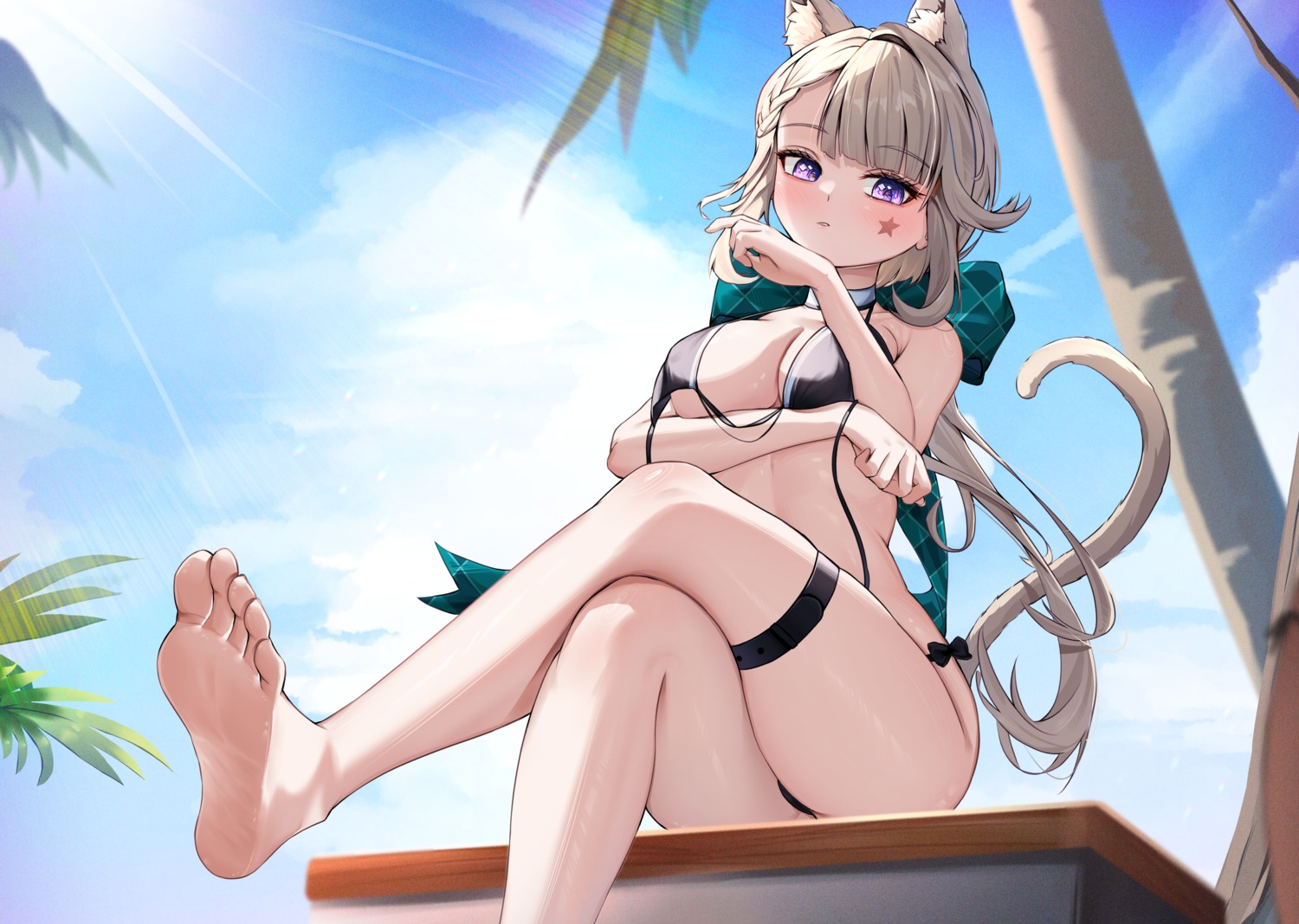 animal_ears bikini feet garter genshin_impact lynette_(genshin_impact) nekomimi radoremo swimsuits tail tattoo thong