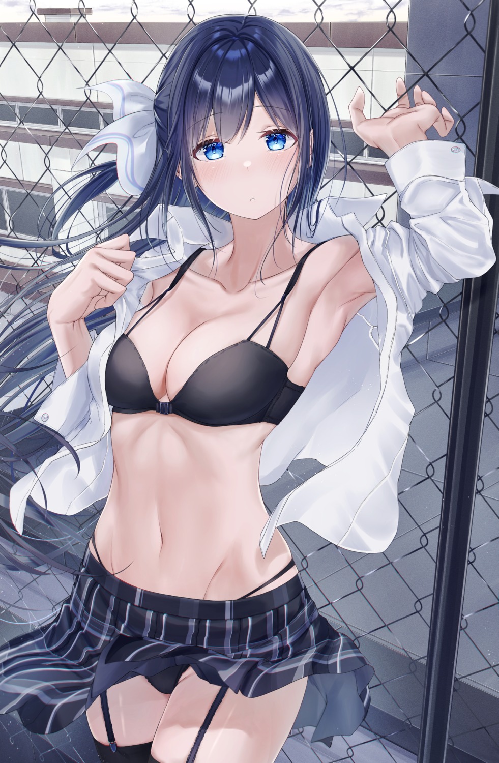 bra meen_(ouaughikepdvrsf) open_shirt pantsu seifuku skirt_lift stockings thighhighs undressing