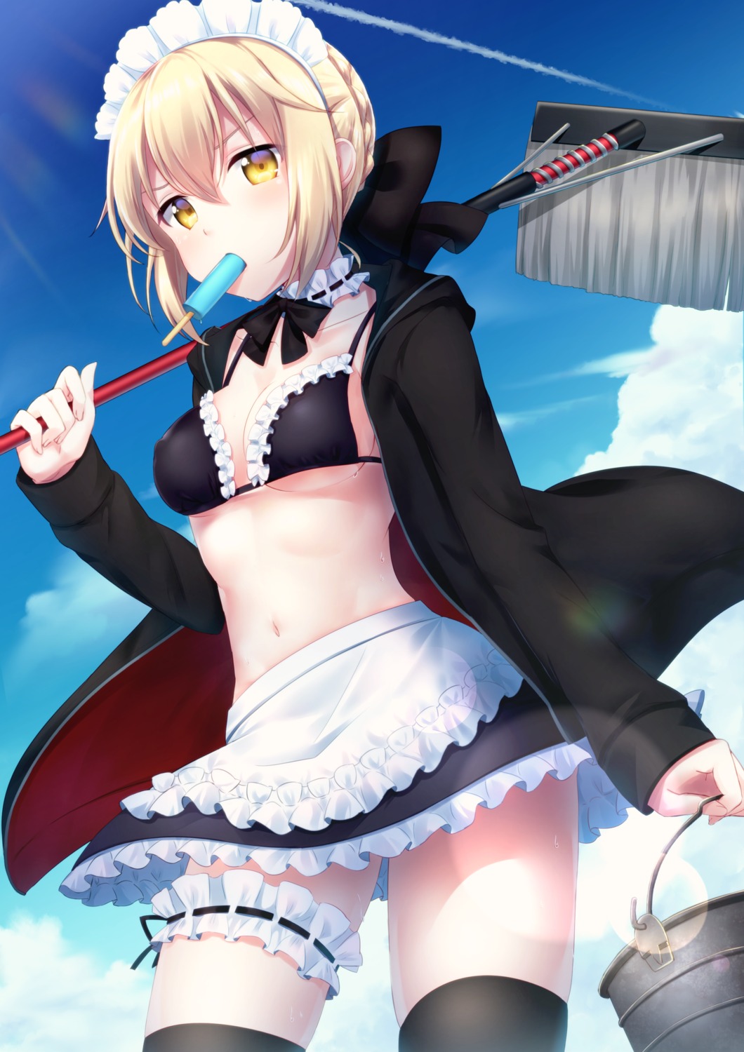 bikini_top cleavage fate/grand_order garter hio_(hiohio0306) maid open_shirt saber saber_alter swimsuits thighhighs underboob