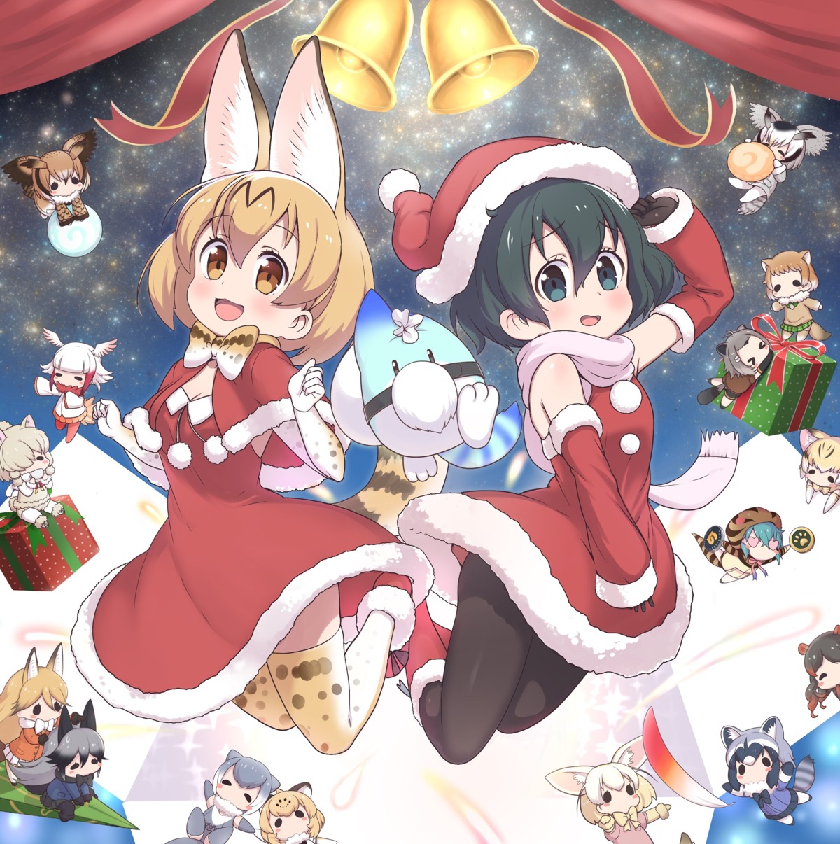 alpaca_suri american_beaver animal_ears black-tailed_prairie_dog chibi christmas cleavage common_raccoon crested_ibis dress eurasian_eagle_owl ezo_red_fox fennec_(kemono_friends) hippopotamas_(kemono_friends) jaguar_(kemono_friends) kaban_(kemono_friends) kemono_friends lucky_beast northern_white-faced_owl pantyhose ransusan sand_cat serval silver_fox small-clawed_otter tail thighhighs tsuchinoko_(kemono_friends) wings