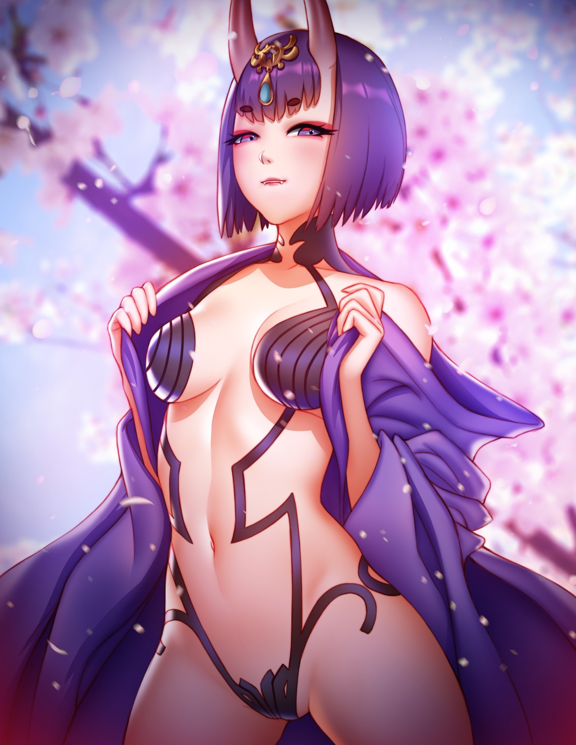 cleavage fate/grand_order horns japanese_clothes no_bra open_shirt pantsu pinkladymage shuten_douji_(fate/grand_order) undressing