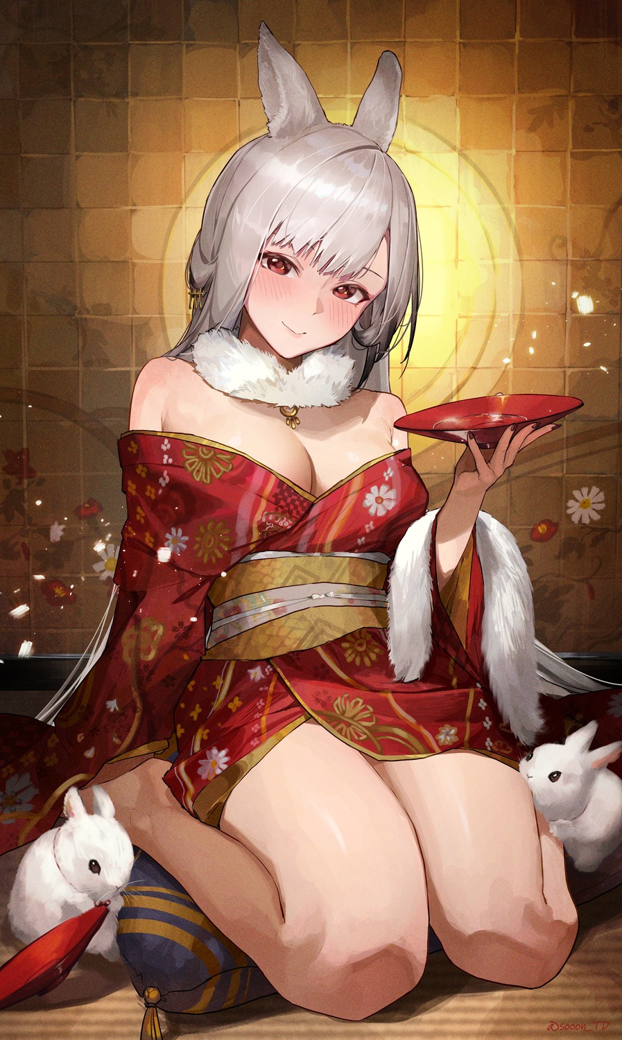 animal_ears bunny_ears kimono no_bra open_shirt sake sooon