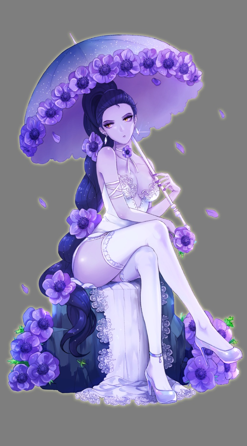 cleavage dress heels no_bra overwatch perio_67 thighhighs transparent_png umbrella widowmaker