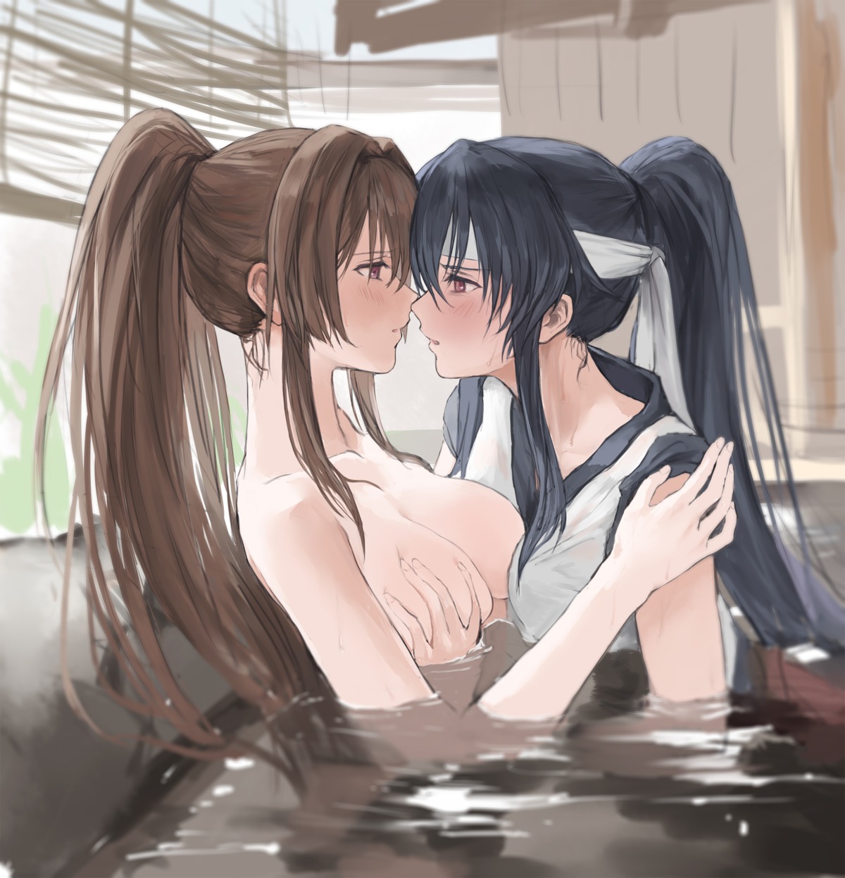 bathing breast_grab japanese_clothes kantai_collection kisetsu see_through topless wet wet_clothes yahagi_(kancolle) yamato_(kancolle) yuri