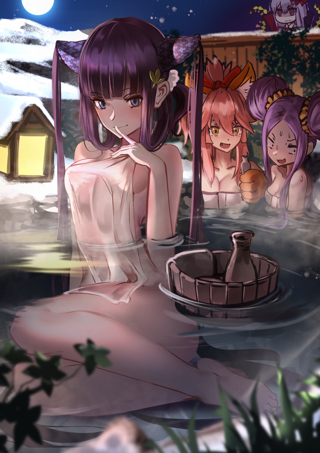 animal_ears bathing bb_(fate/extra_ccc) fate/grand_order horns kitsune nakasaku-p naked onsen tamamo_cat towel wet wu_zetian_(fate/grand_order) yang_guifei_(fate/grand_order)