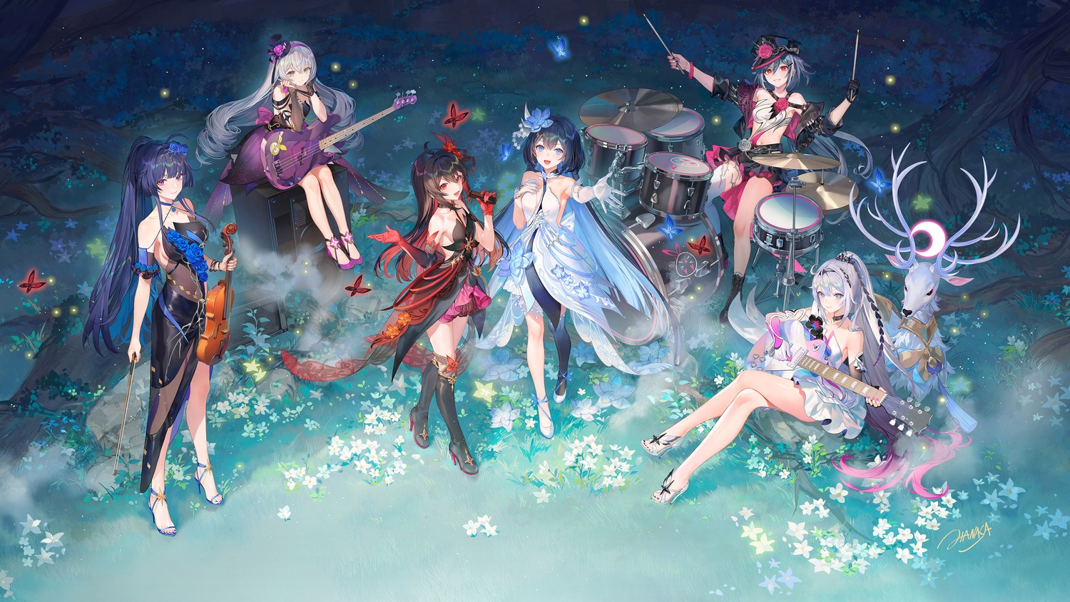 benghuai_xueyuan bronya_zaychik criin dress fu_hua guitar heels honkai_impact kiana_kaslana no_bra raiden_mei see_through seele_vollerei