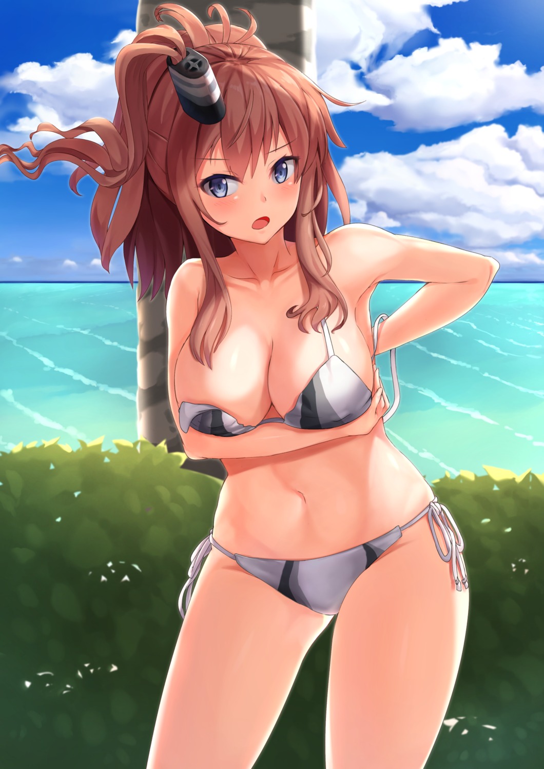 bikini breast_hold kantai_collection ryouya saratoga_(kancolle) swimsuits wardrobe_malfunction