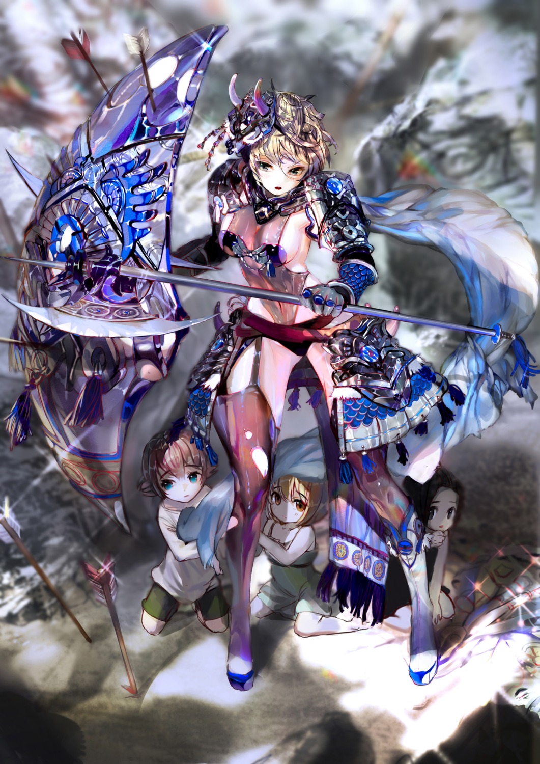 armor cleavage kaku-san-sei_million_arthur lingerie proopra see_through stockings thighhighs torn_clothes weapon