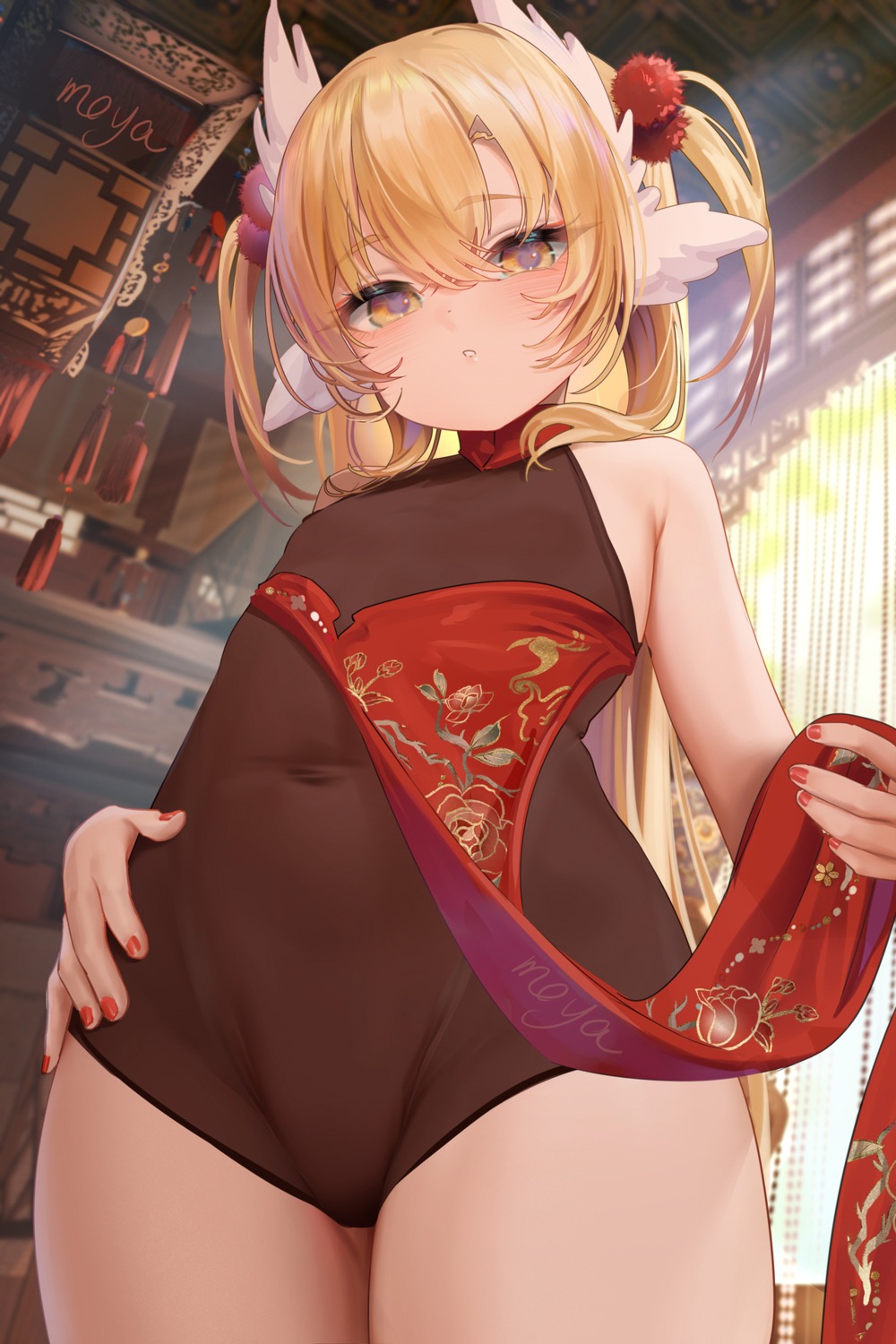 chinadress detexted loli moya_(pixiv6121219) no_bra nopan photoshop skirt_lift wings