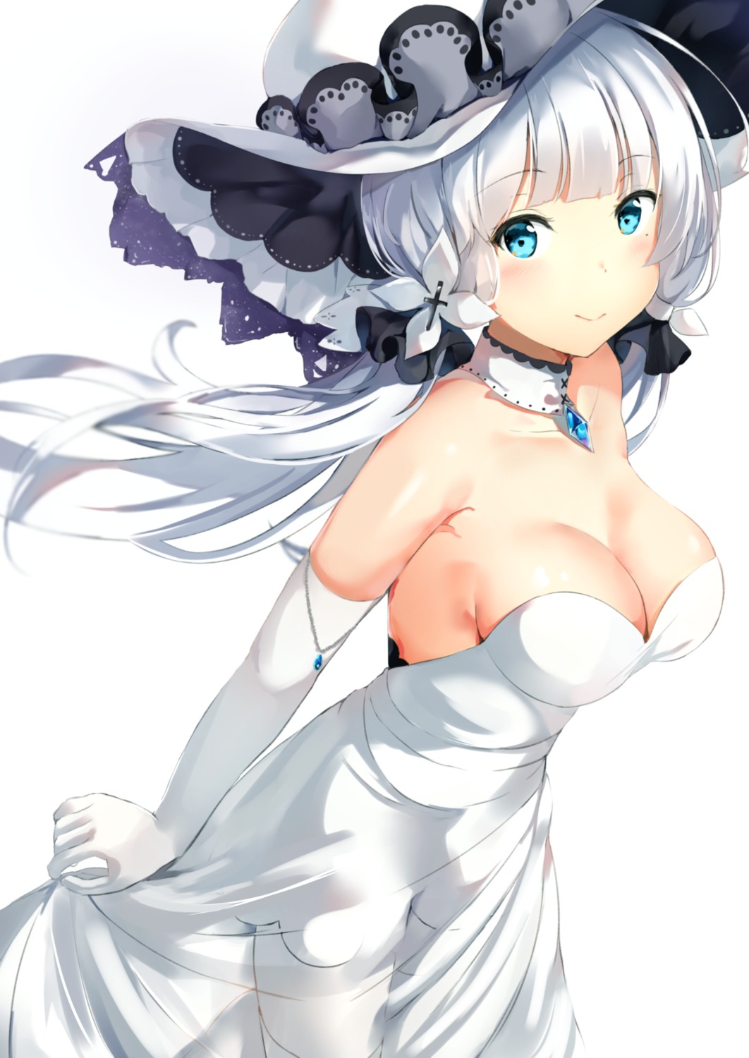 azur_lane cleavage dress illustrious_(azur_lane) no_bra ponyaru see_through thighhighs