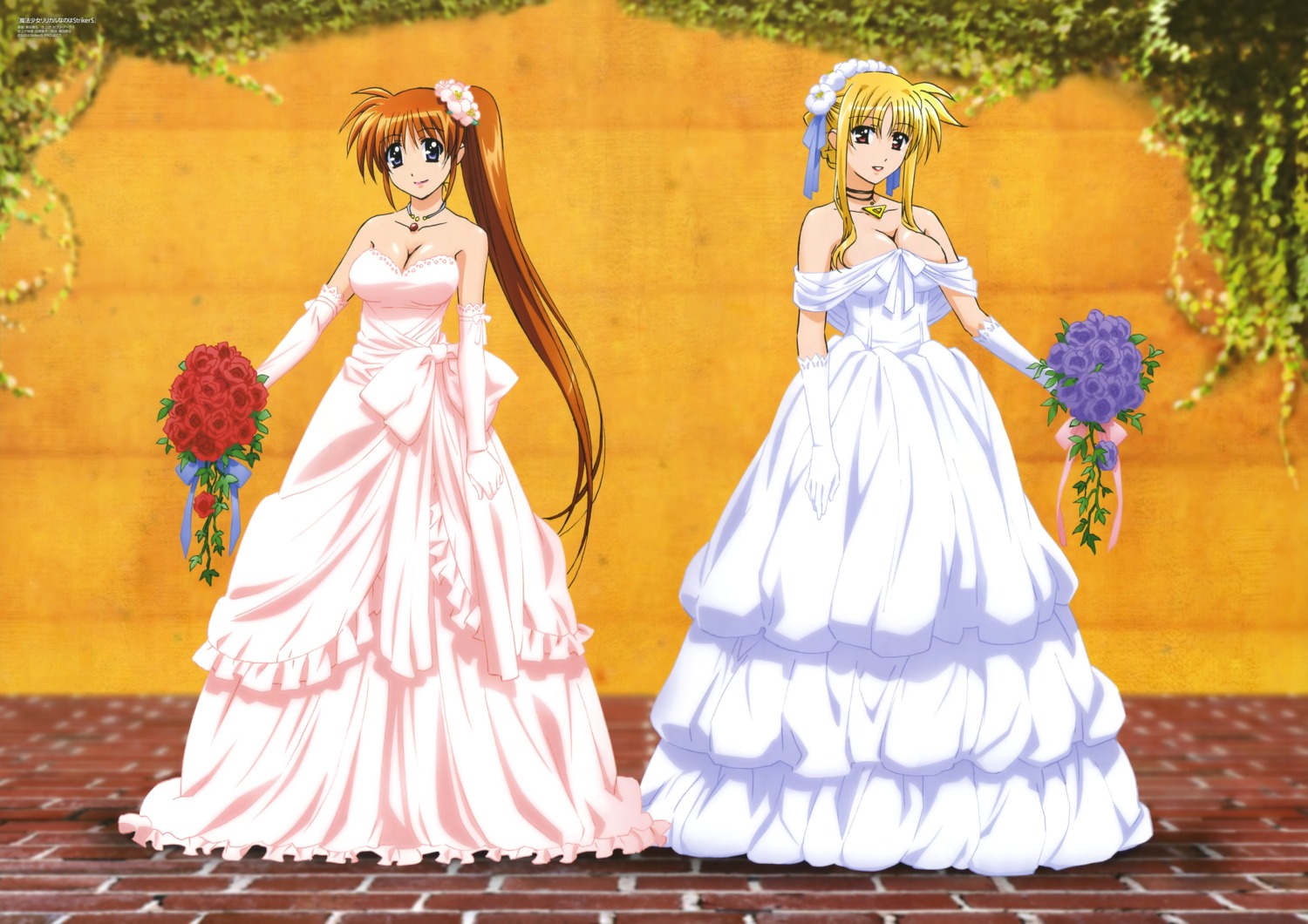 cleavage dress fate_testarossa mahou_shoujo_lyrical_nanoha mahou_shoujo_lyrical_nanoha_strikers okuda_yasuhiro takamachi_nanoha wedding_dress