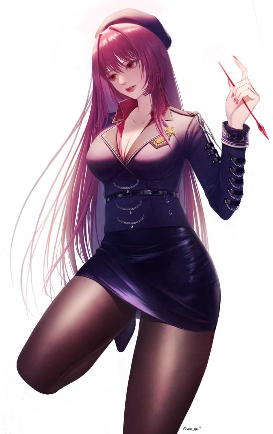 cleavage fate/grand_order pantyhose police_uniform scathach_(fate/grand_order) seoyul skirt_lift