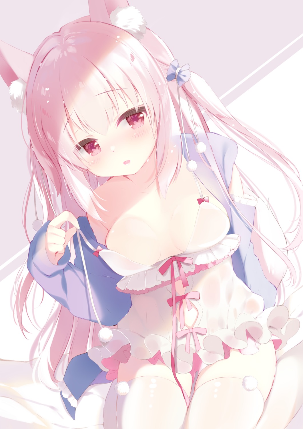 ameno_usari animal_ears breasts kitsune lingerie see_through tail thighhighs undressing