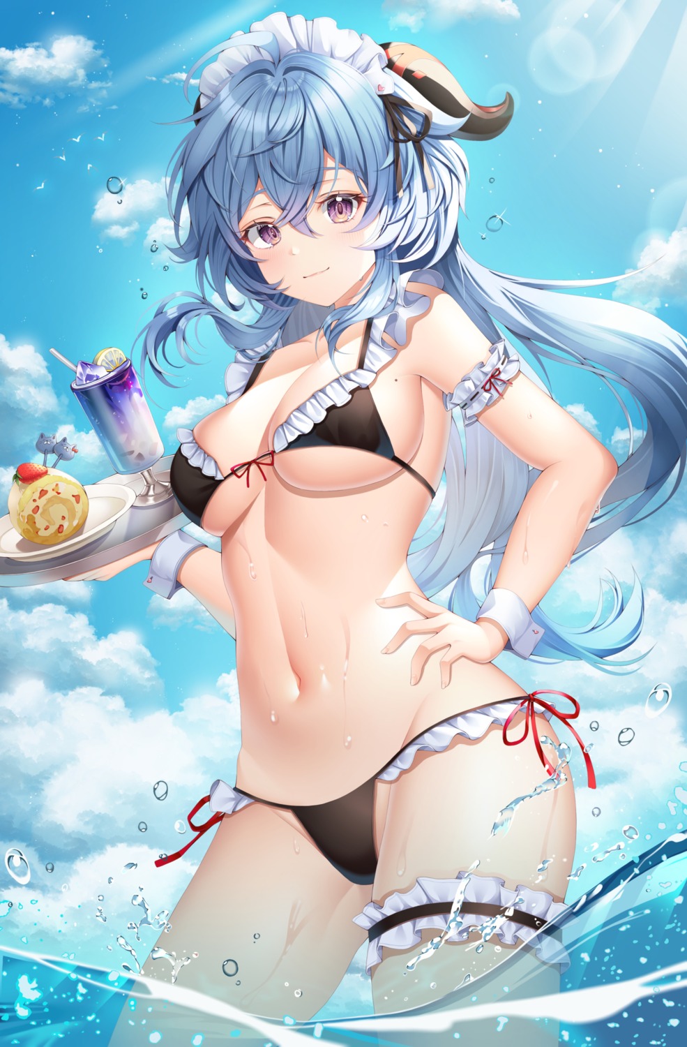 bikini ganyu garter genshin_impact horns maid ssong2 swimsuits wet