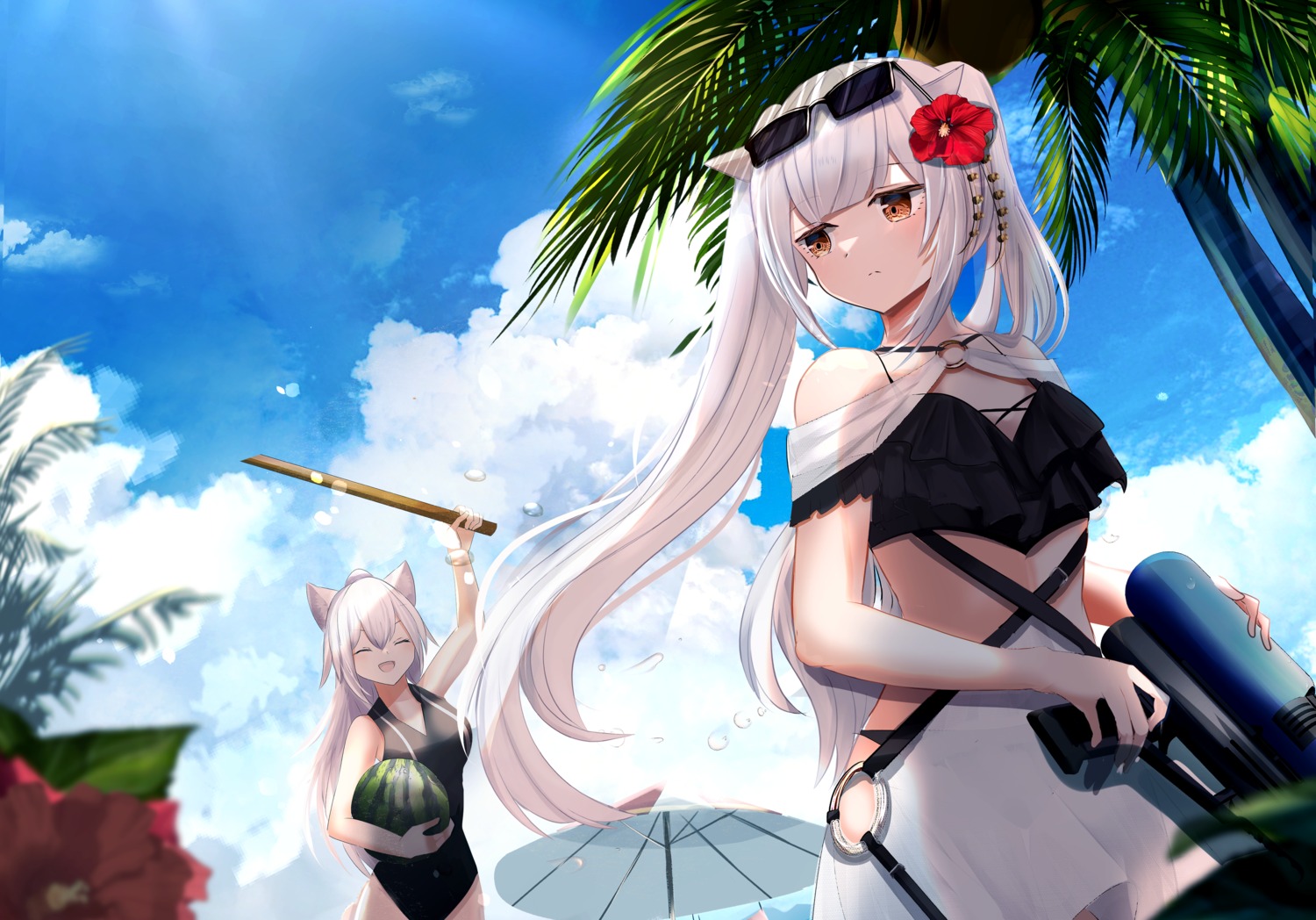 animal_ears bikini gun megane swimsuits sword tokiwa_shirube wet