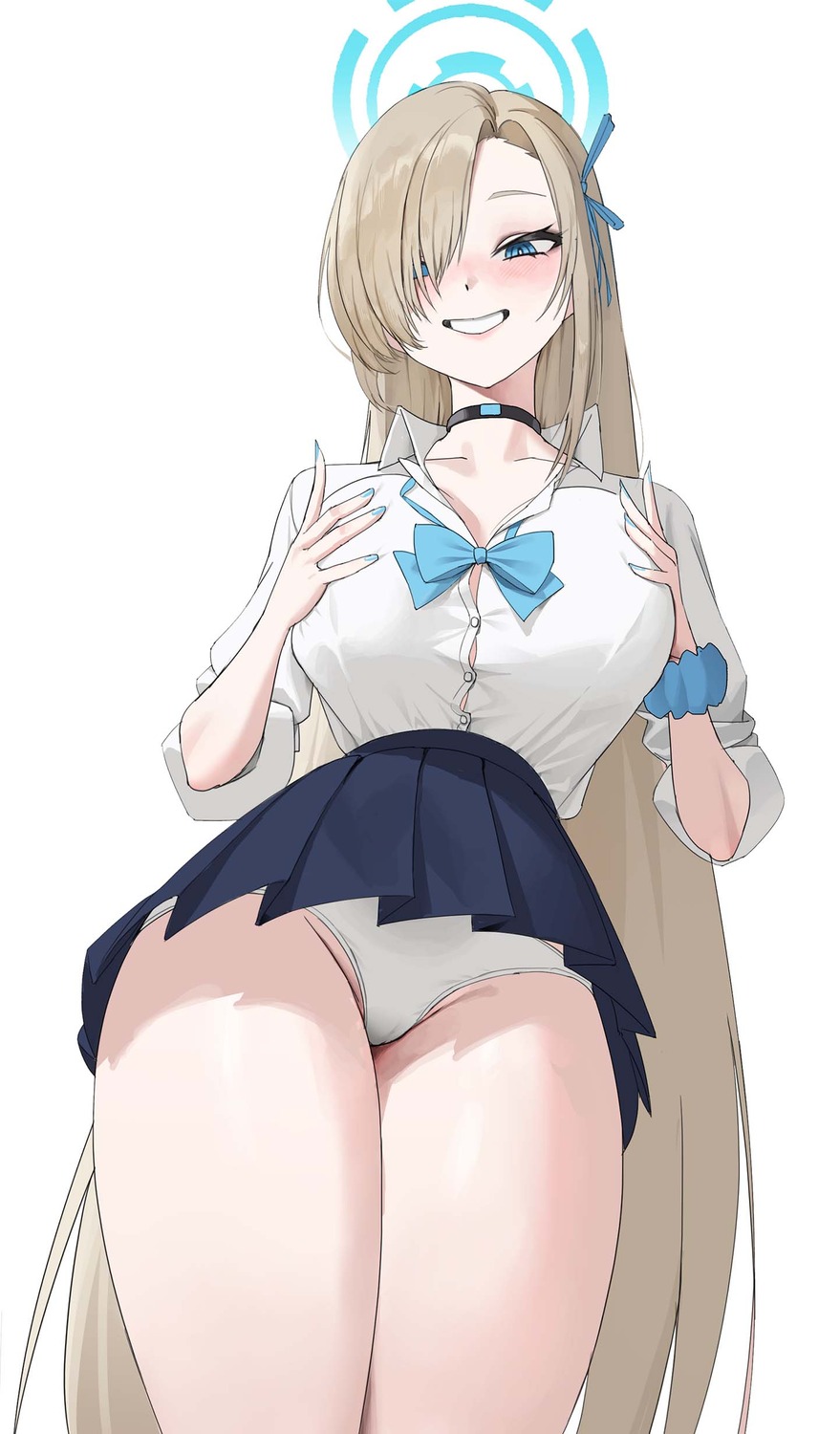 blue_archive cameltoe halo ichinose_asuna kou_(kokounene) open_shirt pantsu seifuku skirt_lift