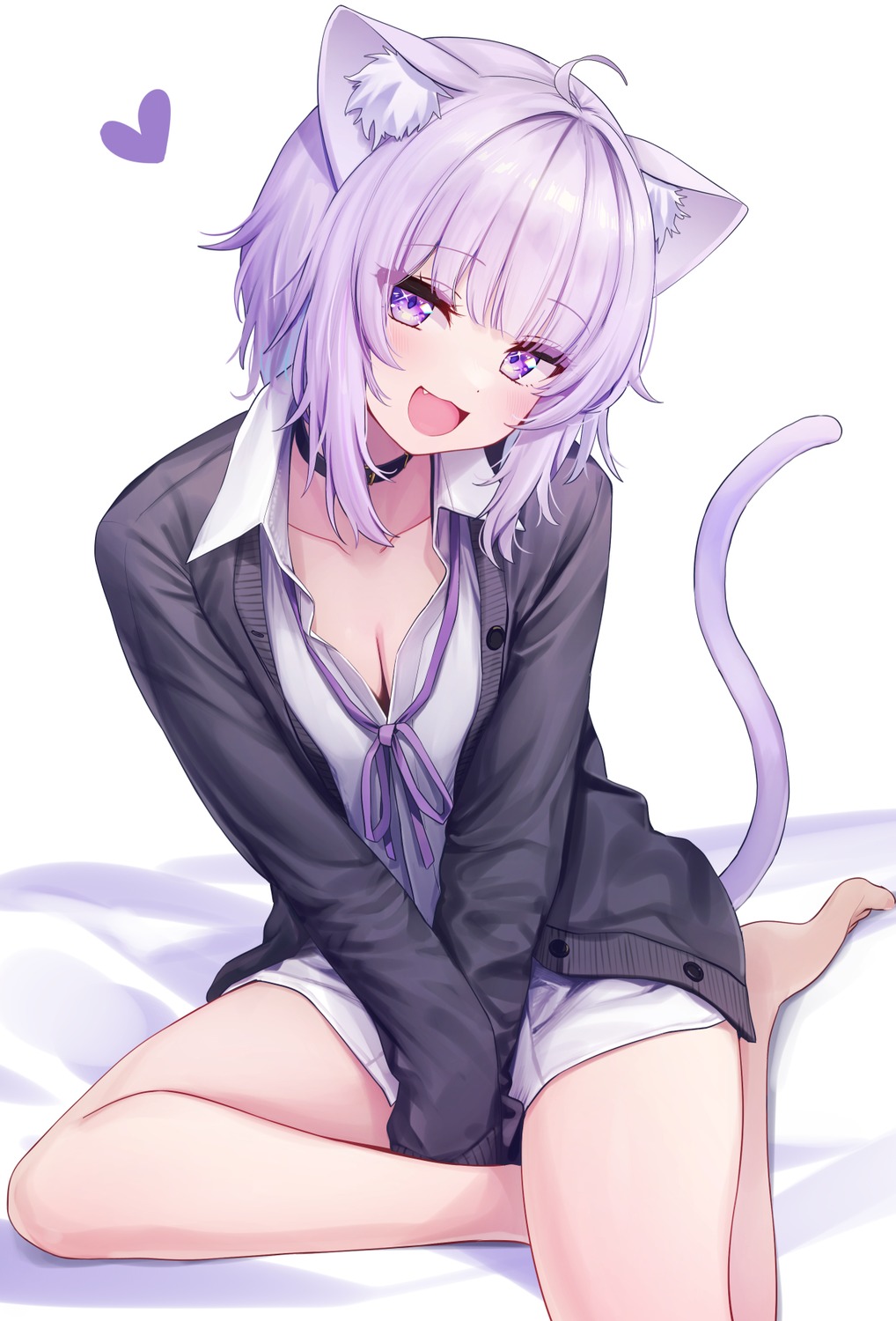 animal_ears bottomless cleavage deadnooodles dress_shirt hololive hololive_gamers nekomata_okayu nekomimi sweater tail