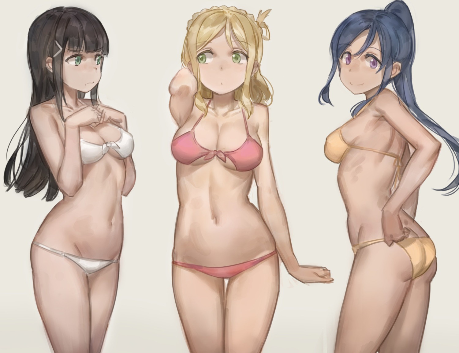 ass bikini breast_hold cleavage free_style_(yohan1754) kurosawa_dia love_live!_sunshine!! matsuura_kanan ohara_mari swimsuits