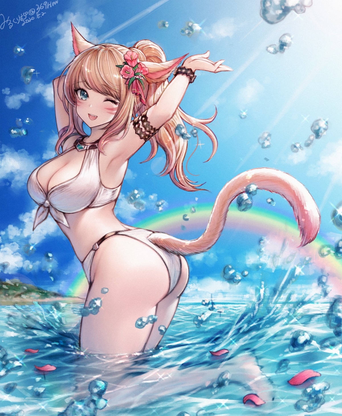 animal_ears ass bikini final_fantasy final_fantasy_xiv mii@chiffonx miqo'te nekomimi swimsuits tail wet