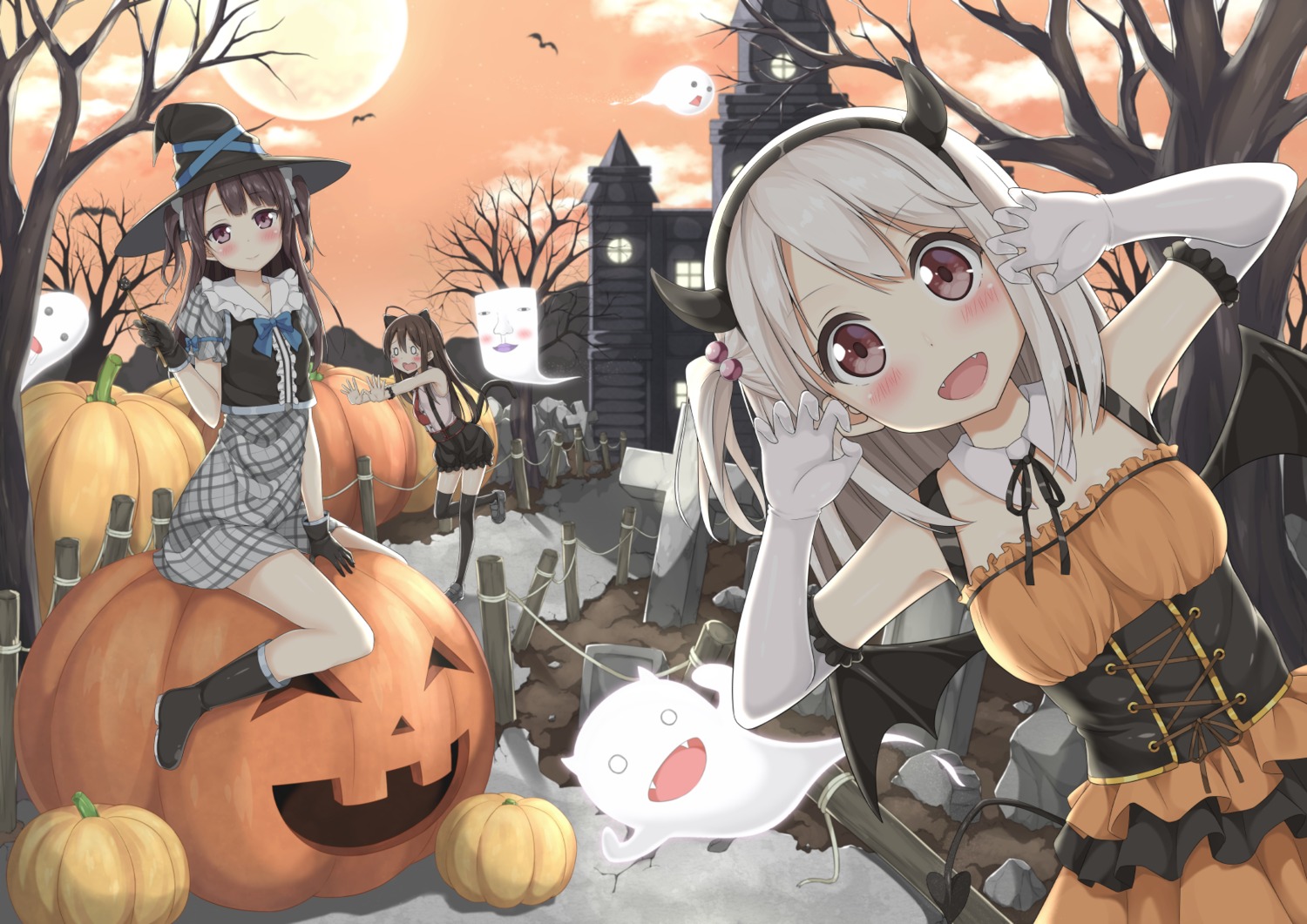 animal_ears bloomers choc-chan dress halloween horns karutamo kururi-chan nekomimi tail thighhighs tissue-chan wings witch