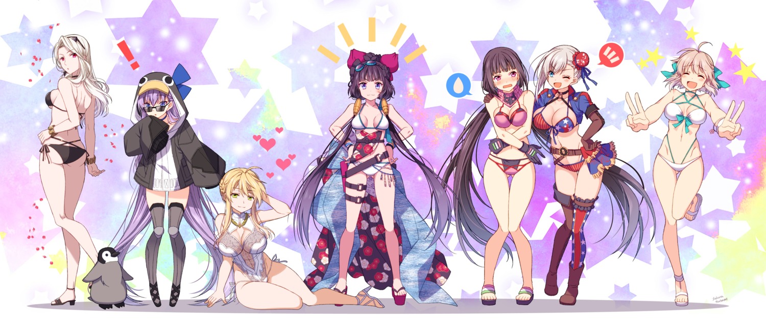 artoria_pendragon_(lancer) ass bikini carmilla_(fate/grand_order) cleavage fate/grand_order garter heels japanese_clothes katsushika_hokusai_(fate) megane meltlilith miyamoto_musashi_(fate/grand_order) okita_souji_(fate) osakabe-hime_(fate/grand_order) penguin sakura_tsubame see_through swimsuits thighhighs underboob