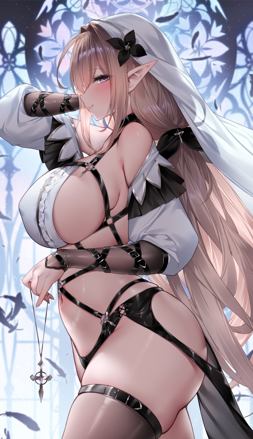 elf elf_paradise erect_nipples no_bra nun pantsu pointy_ears sora_72-iro thighhighs thong