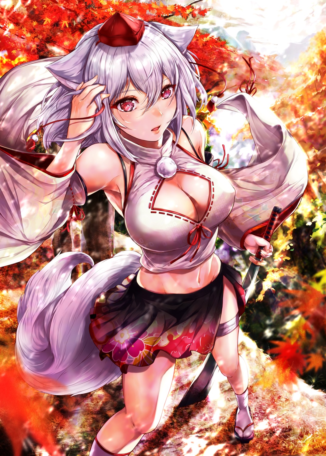 animal_ears garter inubashiri_momiji japanese_clothes mayonaka_taruho sword tail touhou