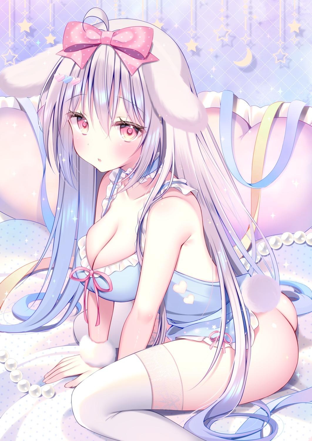 animal_ears bunny_ears no_bra nopan pajama tail thighhighs watagashi_yui