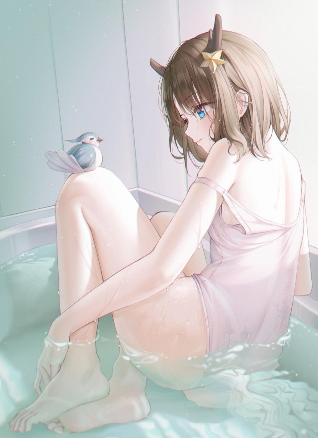 amaroku_neko bathing horns kano_mahoro swimsuits wet