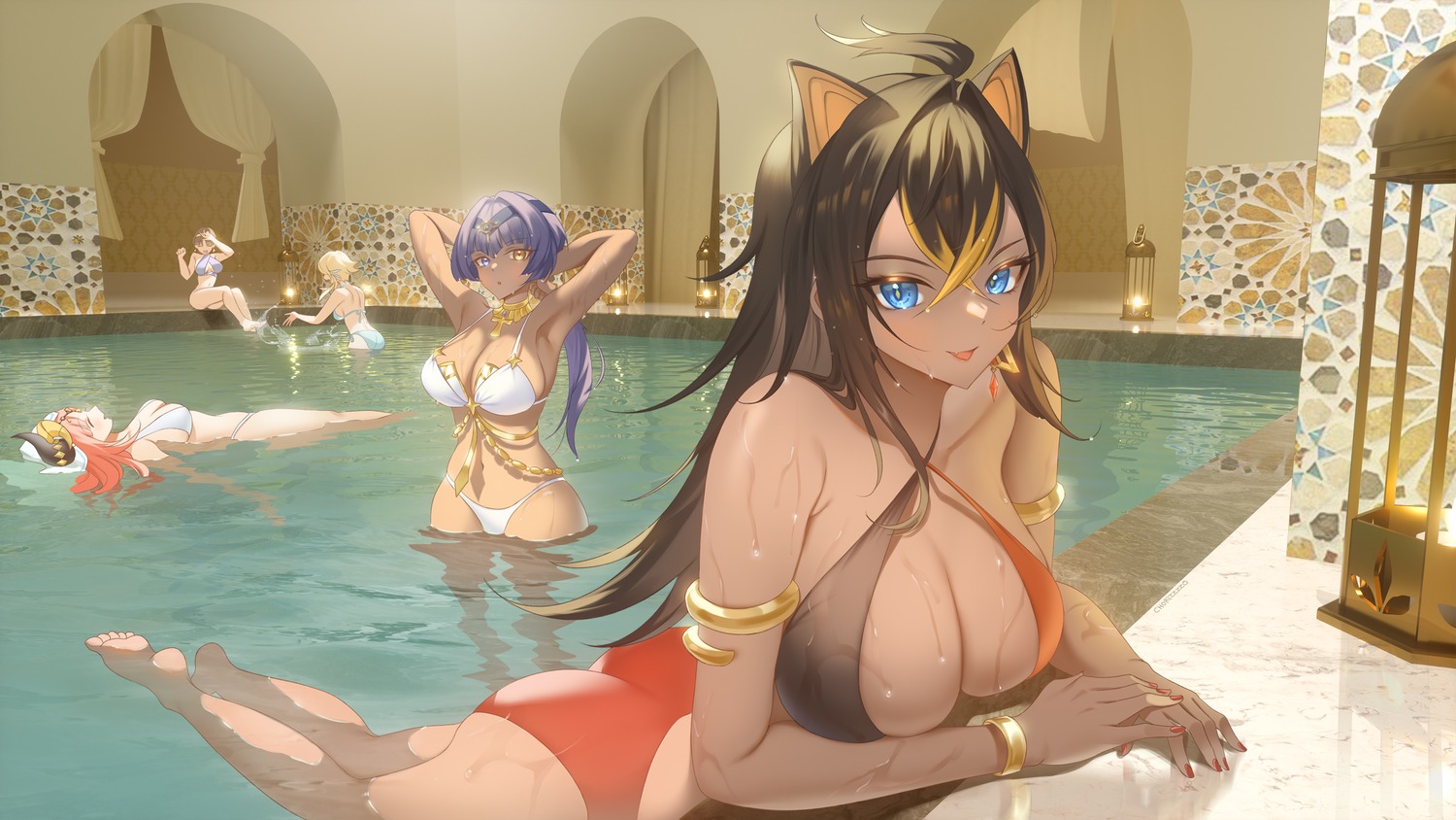 bikini candace dehya genshin_impact heterochromia horns lumine nilou swimsuits wallpaper wet zzo_(chorizzzzo)