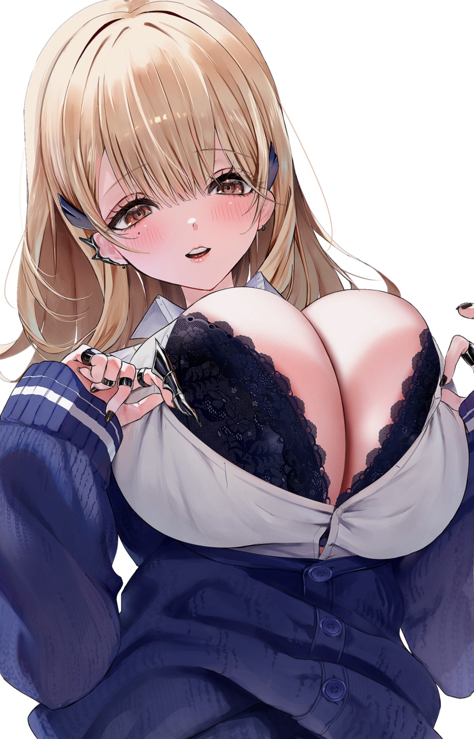 bra dress_shirt goddess_of_victory:_nikke open_shirt sweater tia_(nikke) trtrpnk undressing