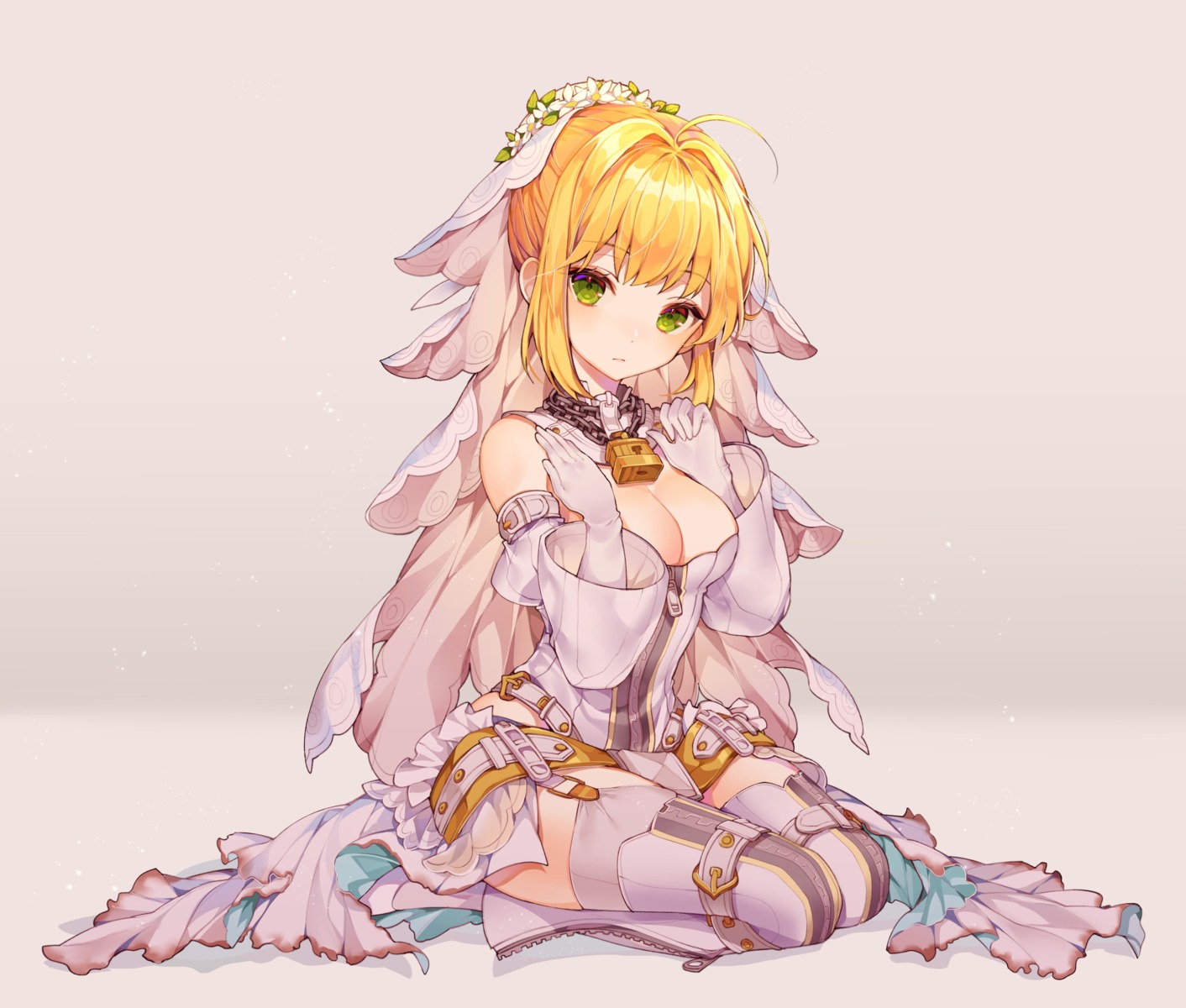 breast_hold cleavage fate/extra fate/grand_order fate/stay_night ha_youn saber_bride saber_extra stockings thighhighs