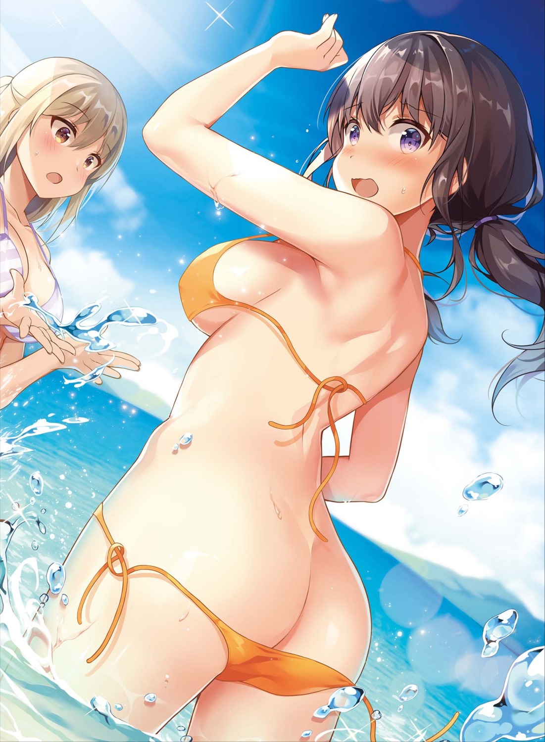 ass bikini bikini_top erect_nipples panty_pull shiro_kuma_shake swimsuits wardrobe_malfunction wet