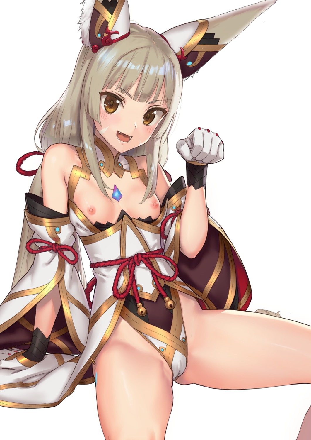 animal_ears cameltoe japanese_clothes kawakami_rokkaku leotard nipples niyah no_bra thighhighs xenoblade xenoblade_chronicles_2