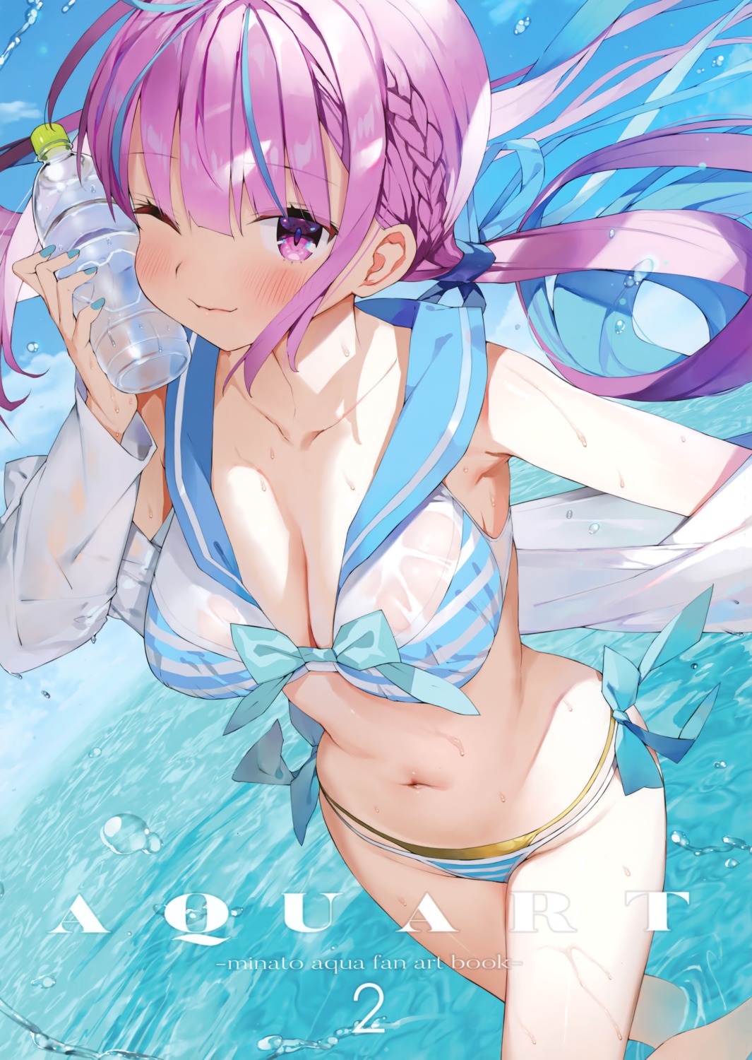 bikini gaou_(matsulatte) hololive macaron_taitei minato_aqua open_shirt see_through seifuku swimsuits wet wet_clothes