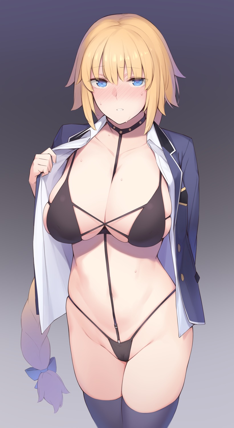 bra cameltoe cleavage enosan fate/grand_order jeanne_d'arc jeanne_d'arc_(fate) open_shirt pantsu thighhighs uniform