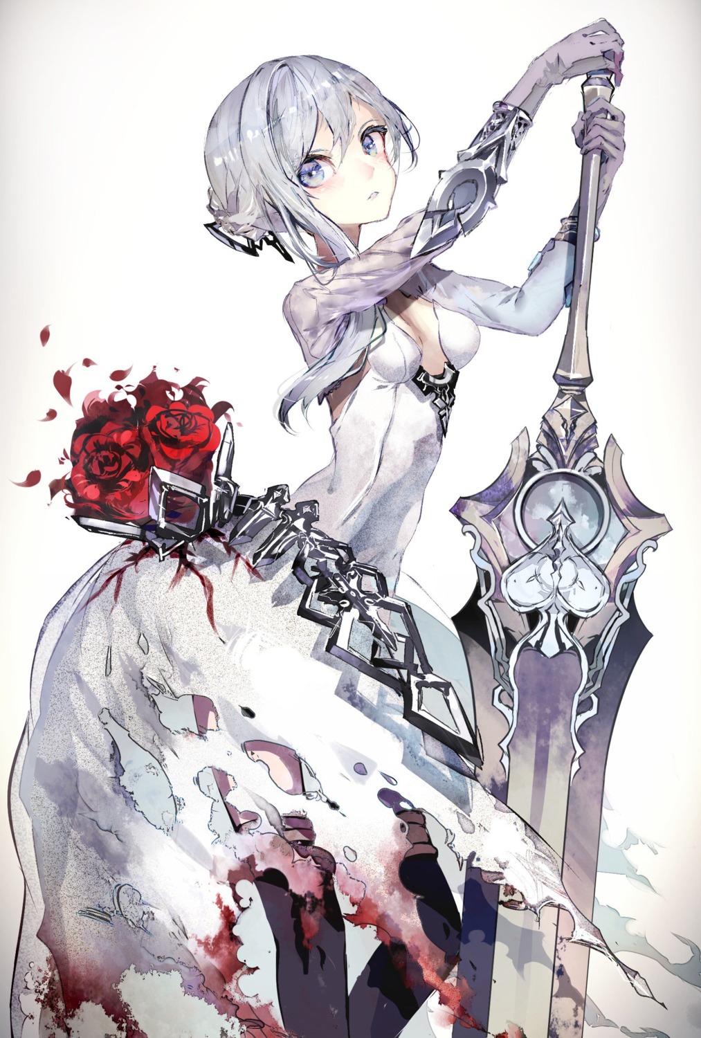 cleavage dress no_bra rooseputo_02 sinoalice sword thighhighs torn_clothes